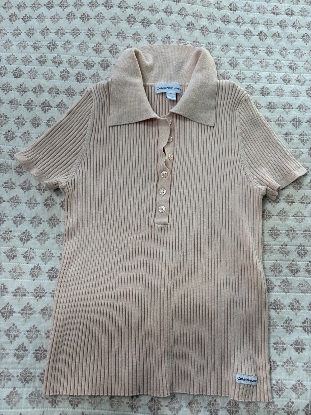 Calvin Klein Jeans Neutral Beige Ribbed Polo Tee